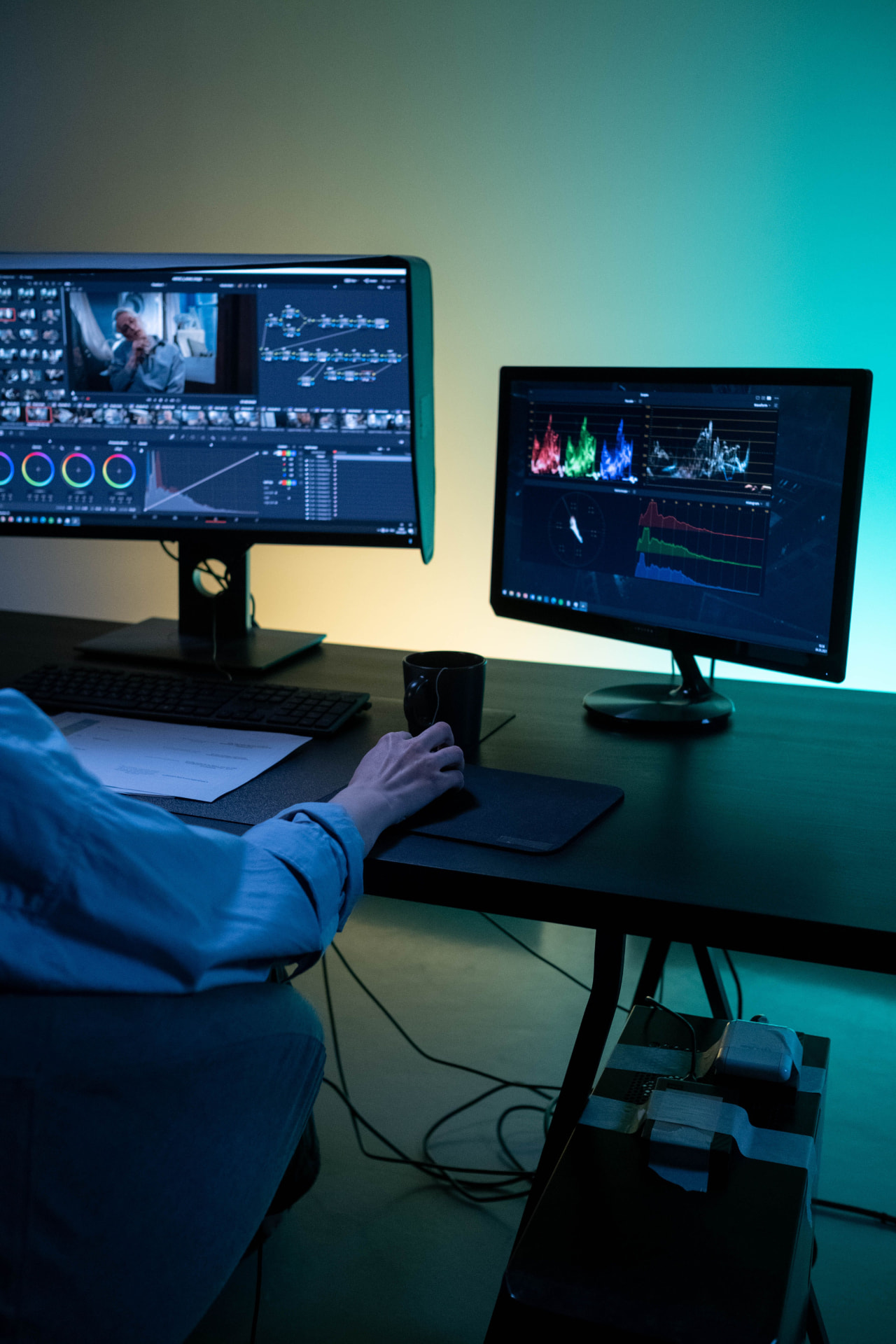 Video editing workstation producing custom training content with colour and audio tools